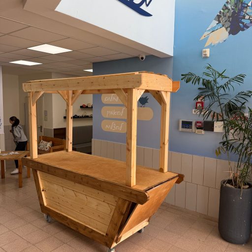 תלמידים במהלך בניית עגלת קפה מעץ לחצר בית הספר במסגרת סדנת יזמות ונגרות של פלא.